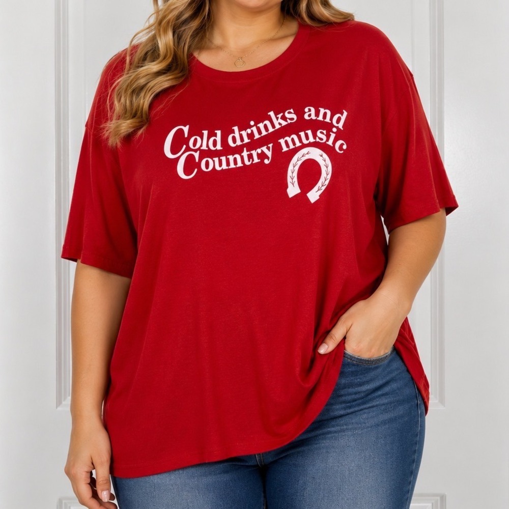 Jerzees Cold Drinks and Country Music Red Graphic T-Shirt Horseshoe 2XL Womens